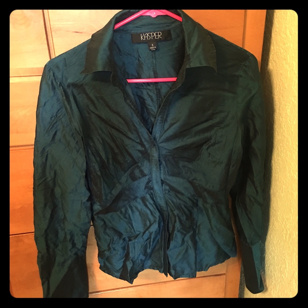 Size S, 100% silk blouse, shiny, deep teal color
